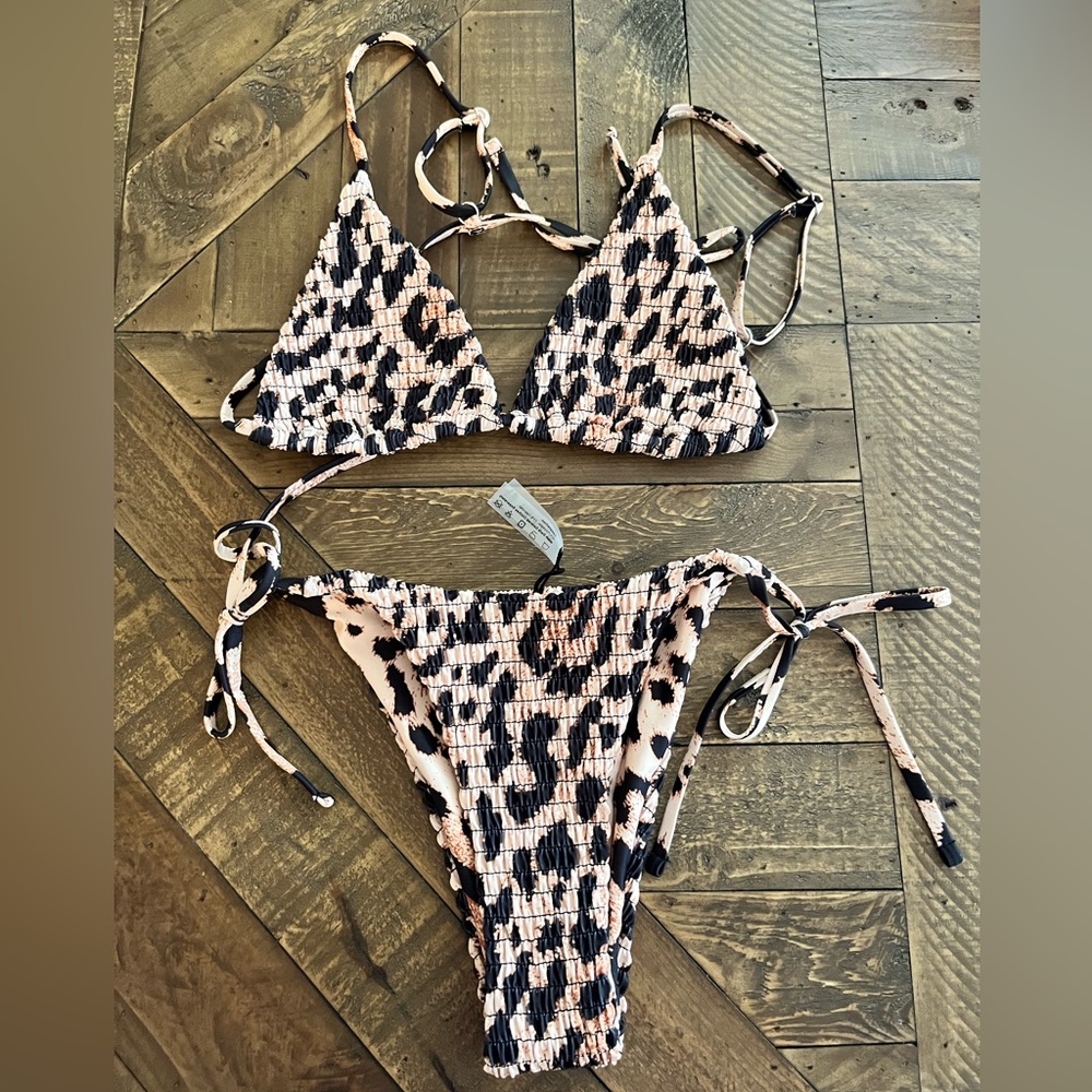 ZAFUL High Cut Ribbed Animal Print Cheeky Bikini Swimwear - Light Coffee Sz Med
